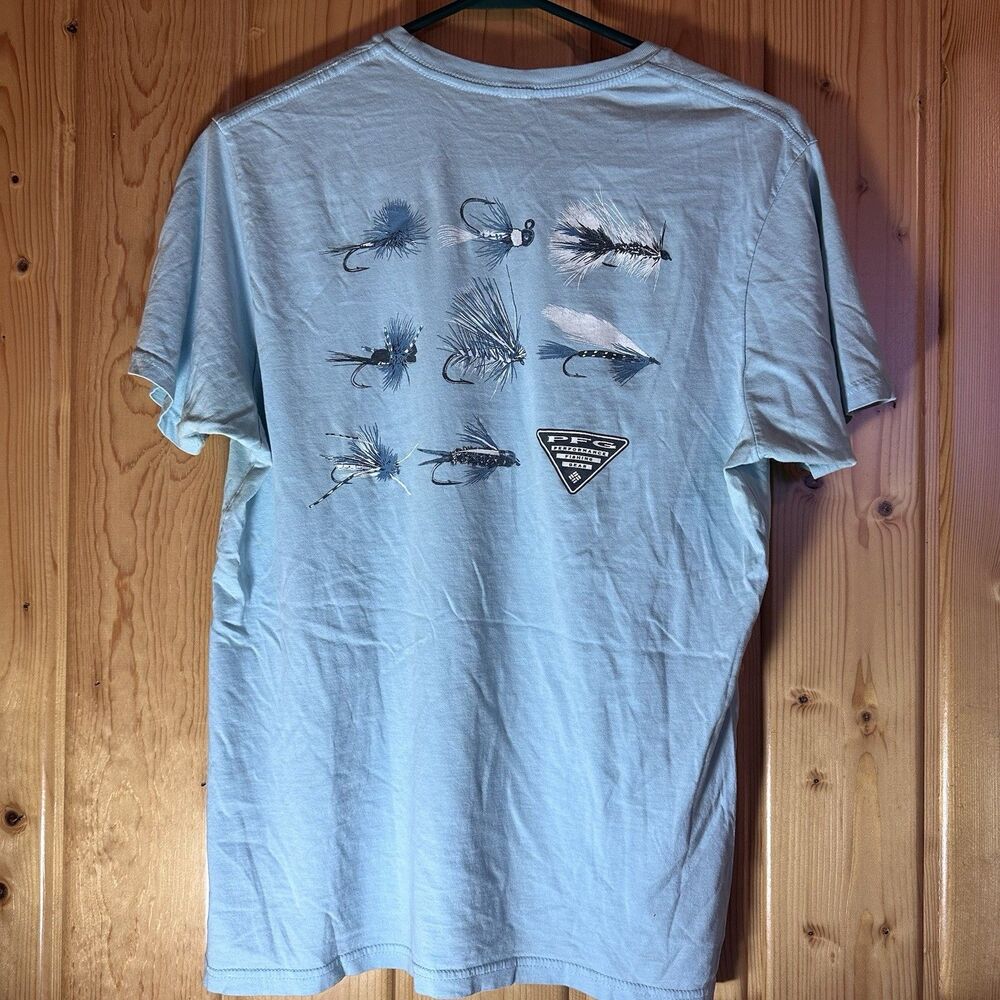 Columbia PFG Men’s Medium Fishing Fly Graphic T Shirt Blue Performance Fishing